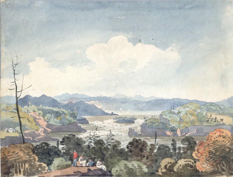 Colour image of blue sky, river valley, trees and four figures