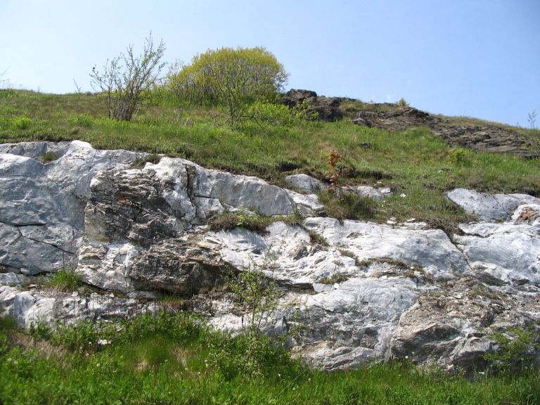 Colour photograph of rocks, green grass and sky