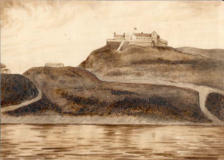 Colour image of fort on a hill overlooking harbour