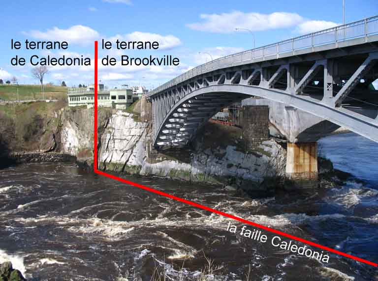 Photographie couleur d’un pont à charpente métallique enjambant un cours d’eau et d’une paroi rocheuse avec une ligne rouge montrant la division du terrain