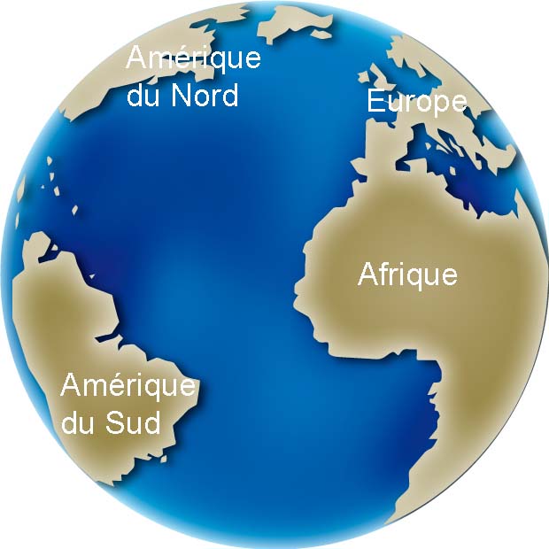 Image couleur d’un globe montrant l’évolution de la position des continents, l'Amérique du Nord, de l’Amérique du Sud, de l’Europe et de l’Afrique