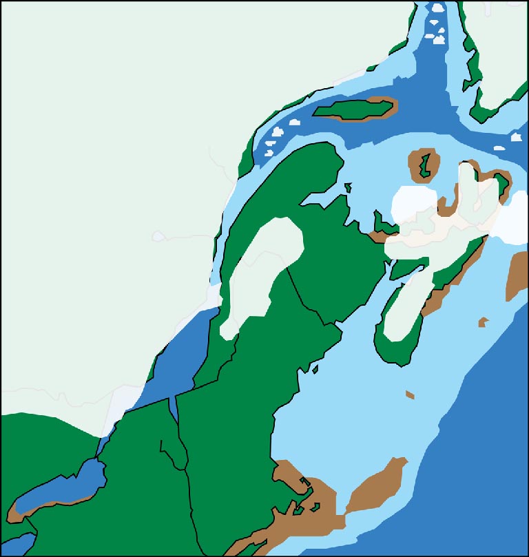 Image couleur de l’est du Canada montrant l’évolution de la position des glaciers de la période glaciaire