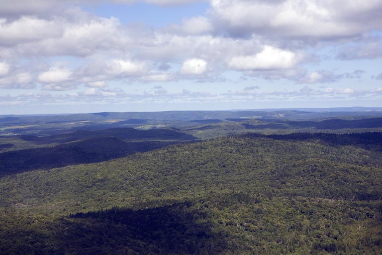 Photographie couleur d’un paysage vallonné verdoyant sous un ciel nuageux