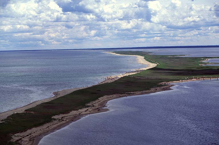 Colour photograph of a sand bar with green plants on it and with ocean both sides