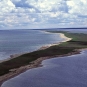 Colour photograph of a sand bar with green plants on it and with ocean both sides