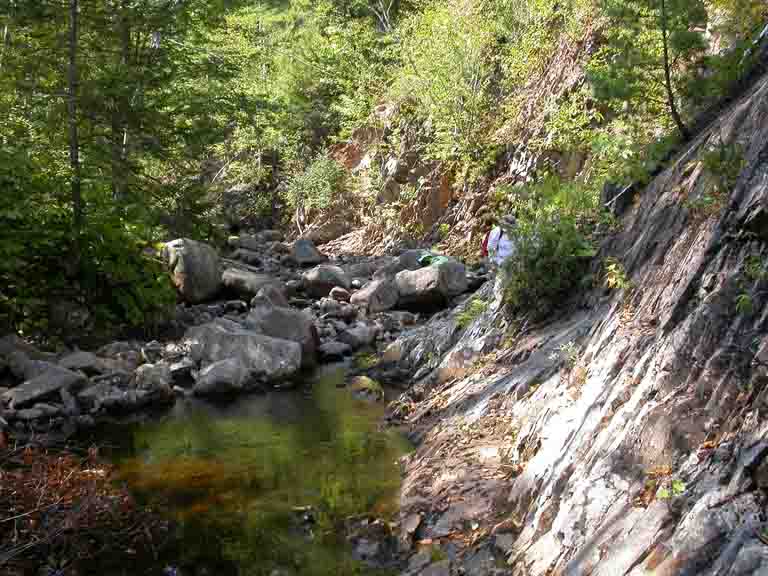 Colour photograph of stream, rocky outcrop and trees