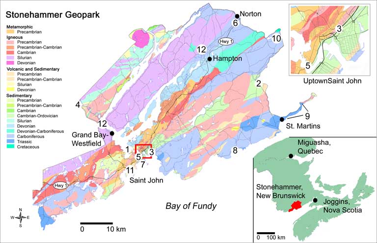 Carte de la région de Saint John et du géoparc Stonehammer illustrant les différentes périodes géologiques selon un code de couleurs