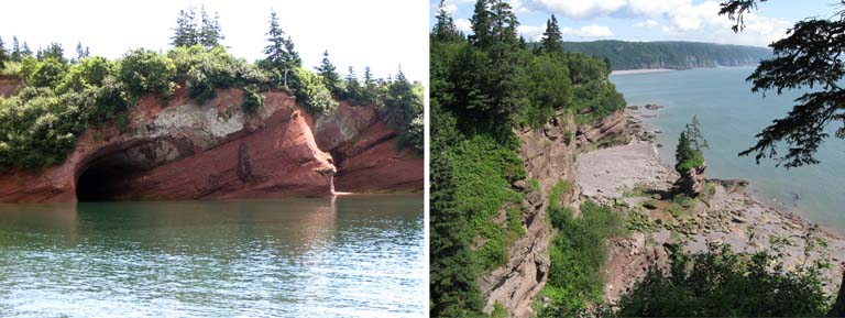 Double image couleur : paroi rocheuse rouge et eau, grottes et falaises rocheuses au bord de l’océan