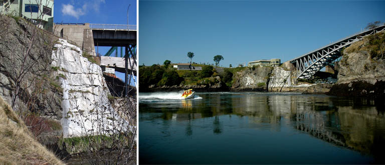 Triple image couleur : paroi rocheuse rouge; roche rouge et crayon comme valeur d'échelle; empreintes fossilisées dans le roc rouge 
