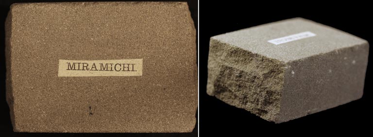 Double colour image of brown square rock with label ‘Miramichi’ and same rock on side