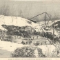 Black and white drawing of an old quarry with men working and wooden cranes