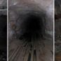 Triple colour image of an old mineshaft with wooden pillars, a mine tunnel, and gray and green rock