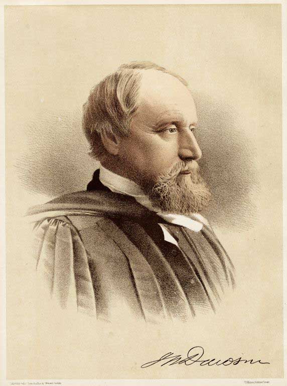 Black and white drawing of a man with a beard dressed in an academic robe