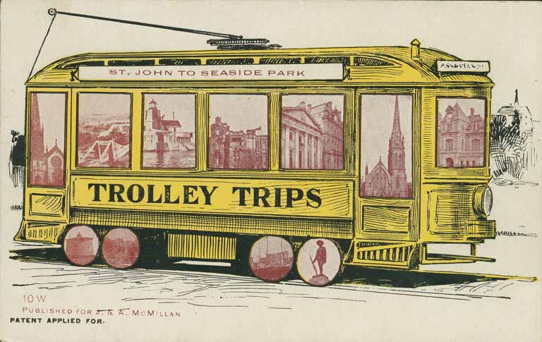Colour drawing of an old yellow trolley car with a sign, St. John to Seaside Park
